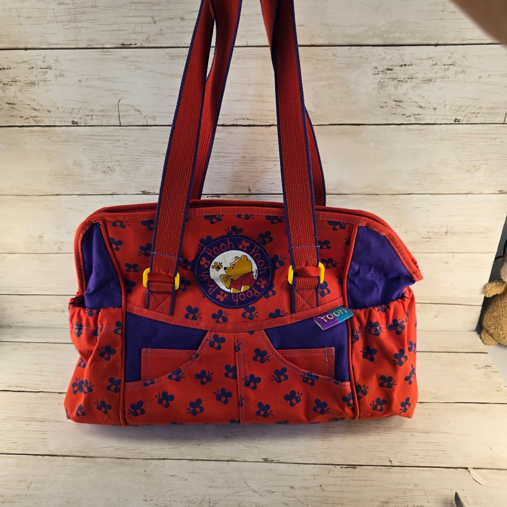 Vintage RARE Disney Winnie the Pooh Diaper Bag Red Purple Canvas Bee Print Tote